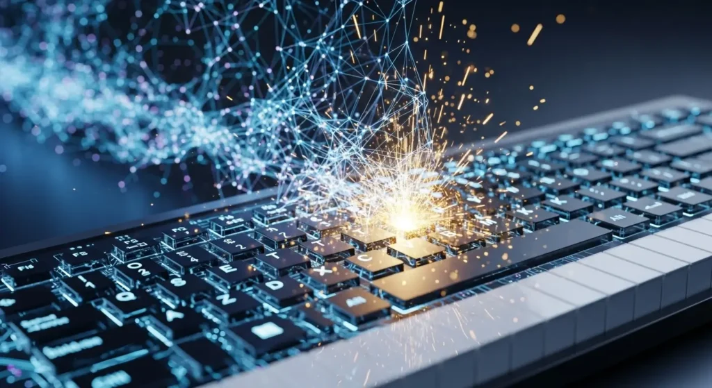 A futuristic visualization of AI tools assisting in the creation of headlines for the technology industry.