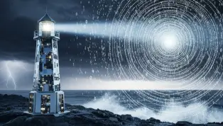 A futuristic lighthouse guiding professionals through a digital storm with clear technology headlines.
