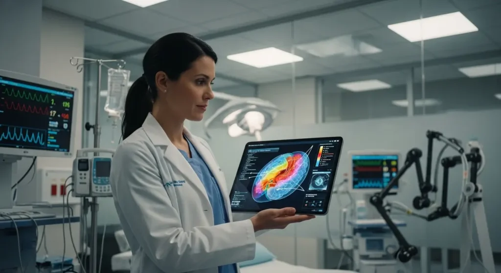 A doctor utilizing explainable AI in a hospital setting to demonstrate real-world technology reform.