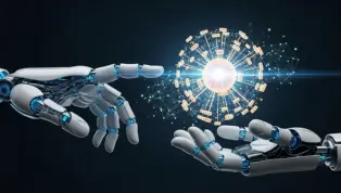 A symbolic handshake between human and AI, representing a collaborative 2025 vibe.