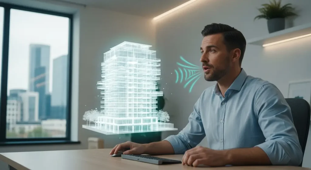 An immersive AI interface in a VR workspace showing a voice-controlled professional vibe.