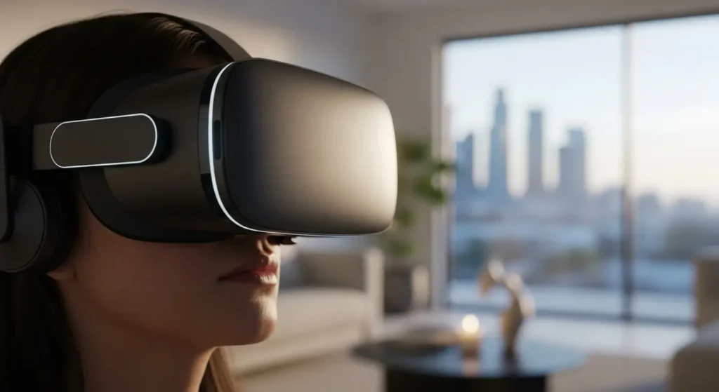 A person experiencing immersive video technology through a premium VR headset in a modern home.