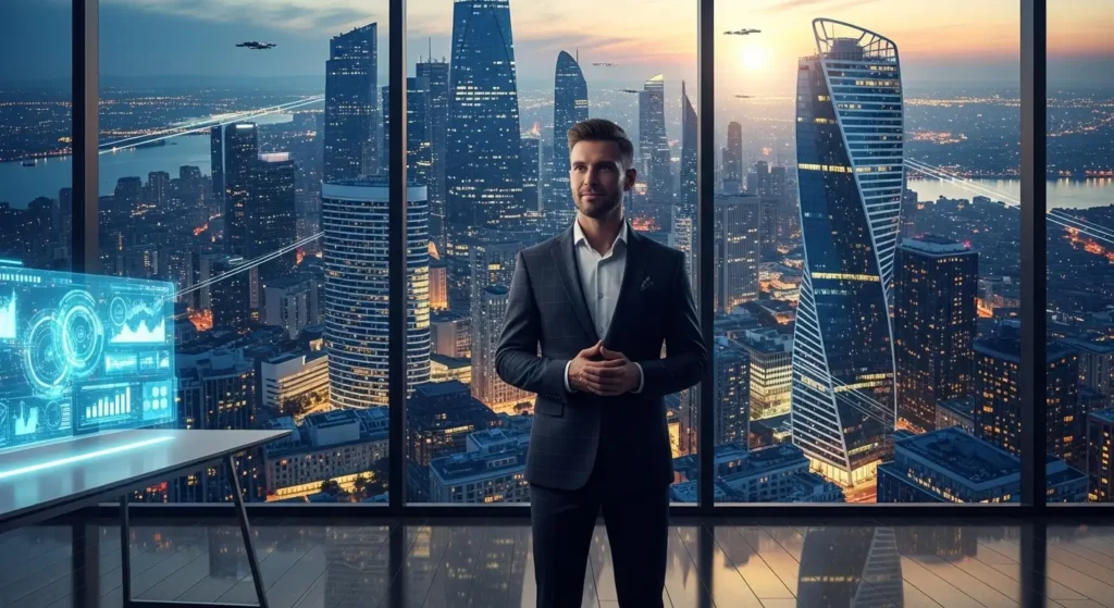 A professional looking at a US city skyline, representing the successful implementation of technology headlines.