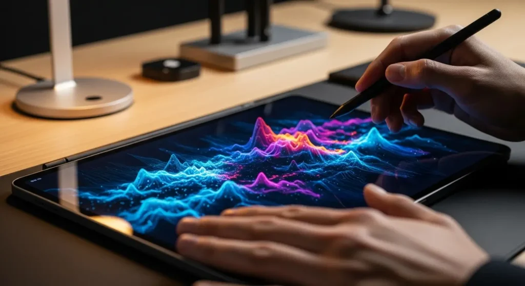 Professional designer using context-aware machine learning tools to enhance the creative vibe.