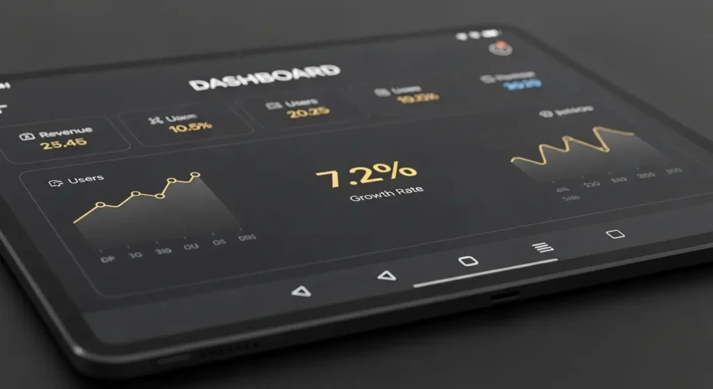 A digital tablet showing successful performance metrics for headlines within a premium US corporate environment.