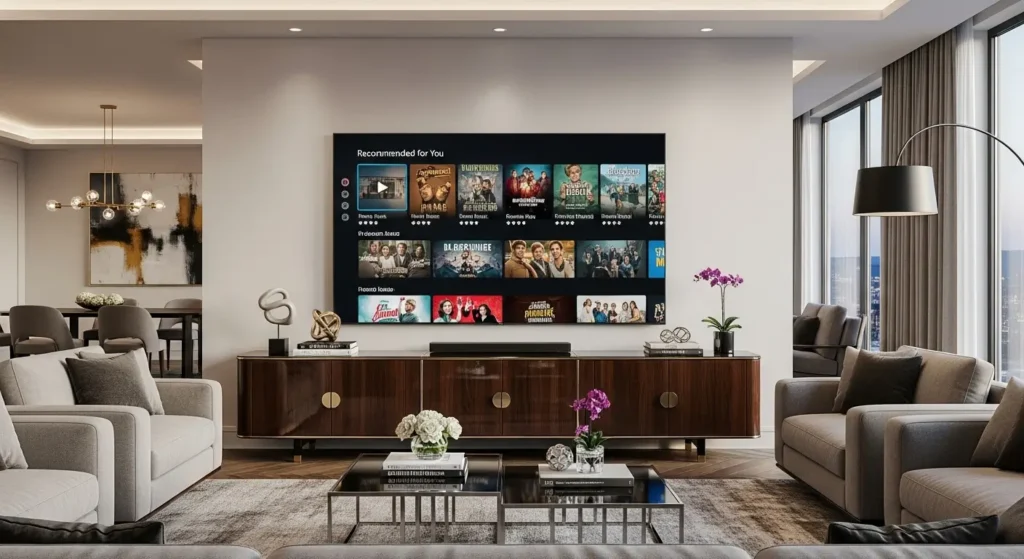 A luxury home setting showing personalized video technology recommendations on a smart TV.