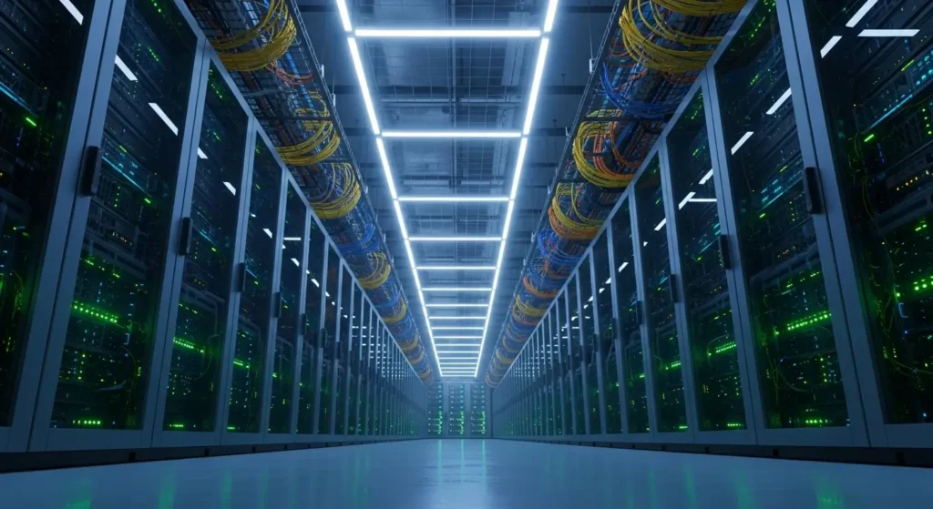 High-tech data center representing the infrastructure used for predicting market shifts with analytics.