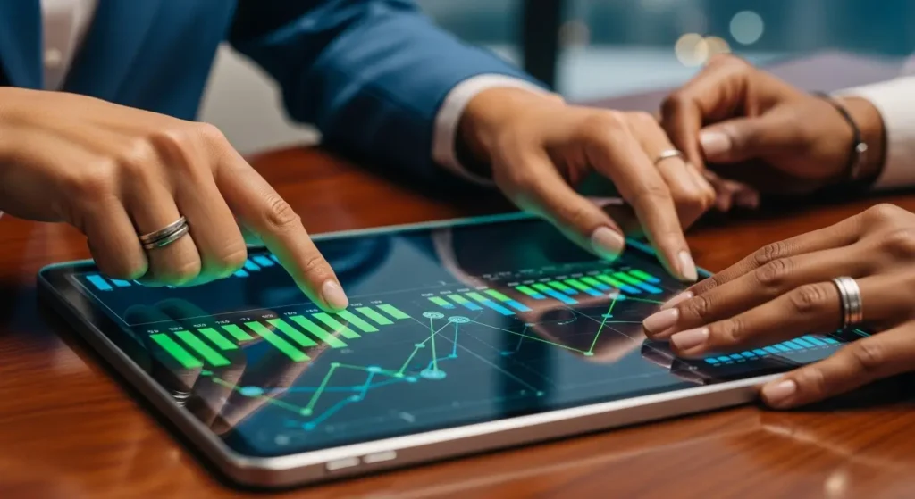 Close-up of executive using technology for predicting business growth and profitability through data.