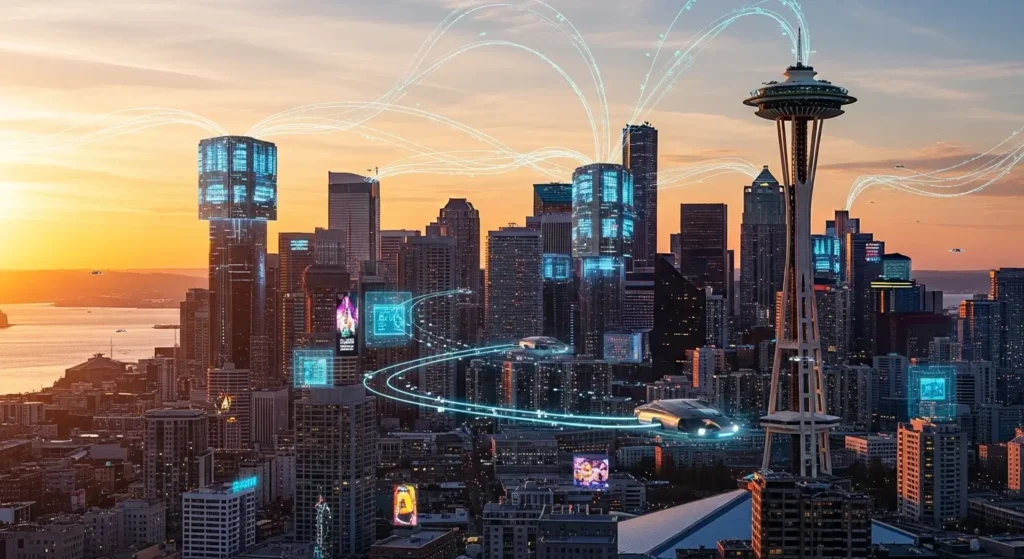 Visionary American cityscape illustrating the role of AI in predicting future technology trends.