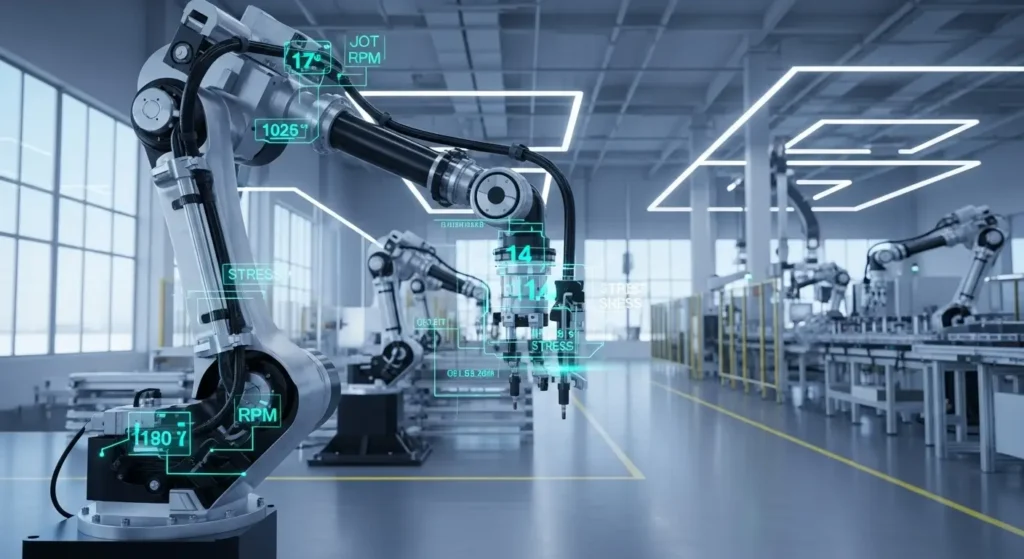Industrial robotic arm with sensors for predicting equipment maintenance needs in a modern factory.