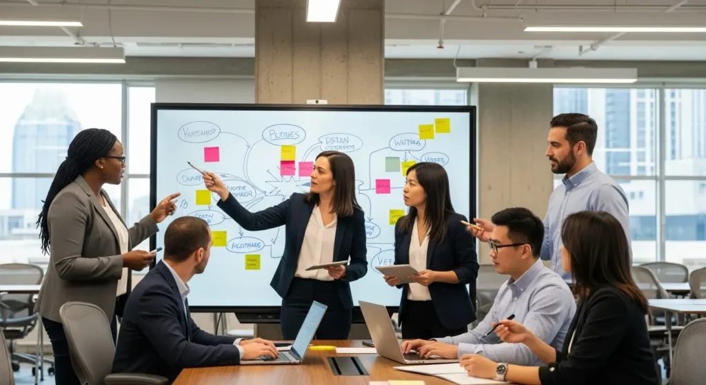 Diverse tech team collaborating on a strategy for predicting business outcomes through data.