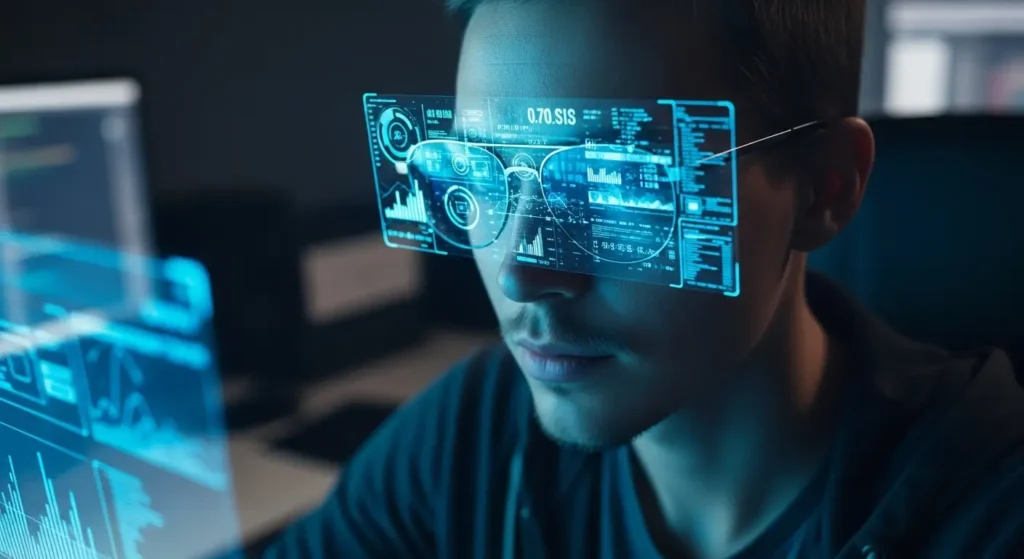 A developer viewing innovative tech headlines on a holographic screen in a high-tech US research laboratory.