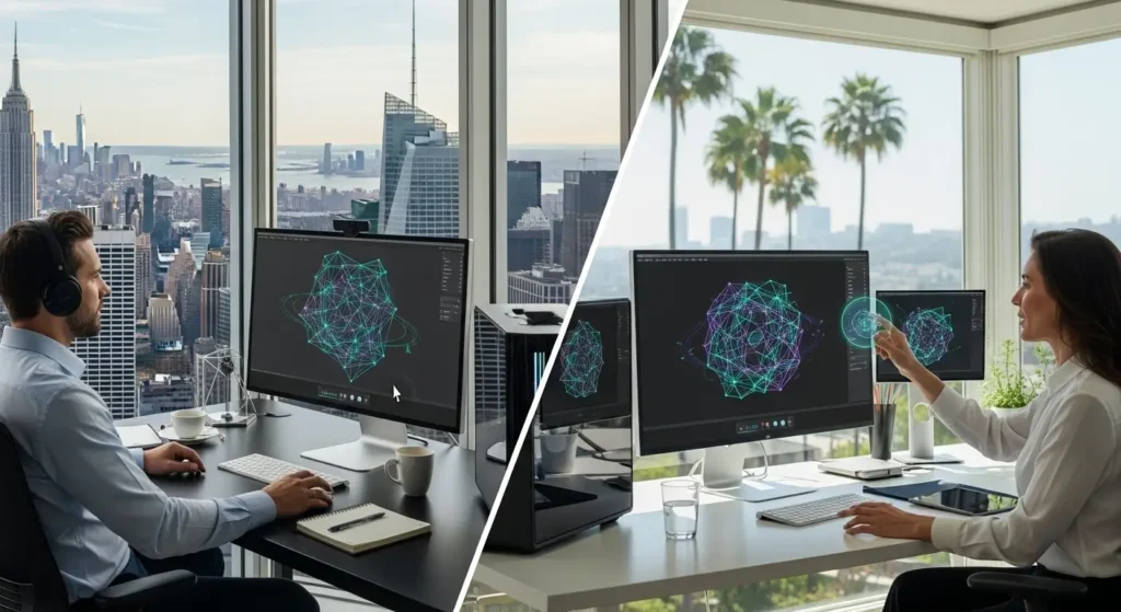 Creators using generative AI apps for real-time collaboration to build a futuristic vibe.