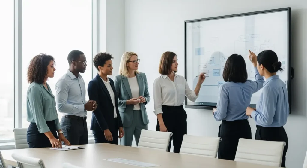 Professionals collaborating in an office to discuss educational solutions for technology reform and ethics.