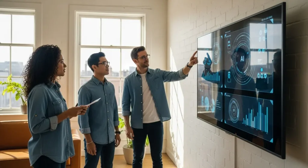 A diverse startup team in the US collaborating with AI tools to capture a modern business vibe.