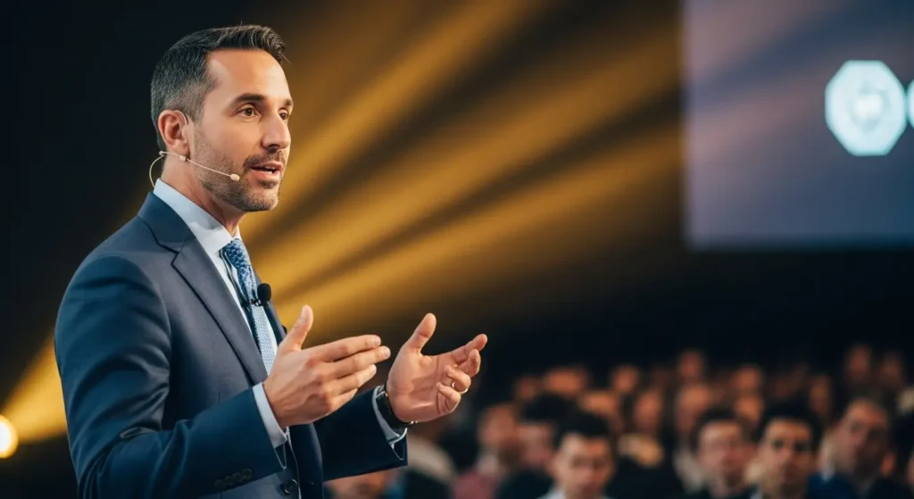 A tech executive delivering an authoritative presentation on the art of writing headlines in a US conference hall.