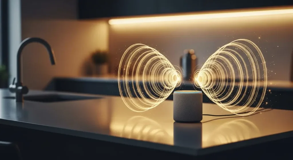 A modern US home setting showing a smart speaker reacting to conversational tech headlines via voice search.