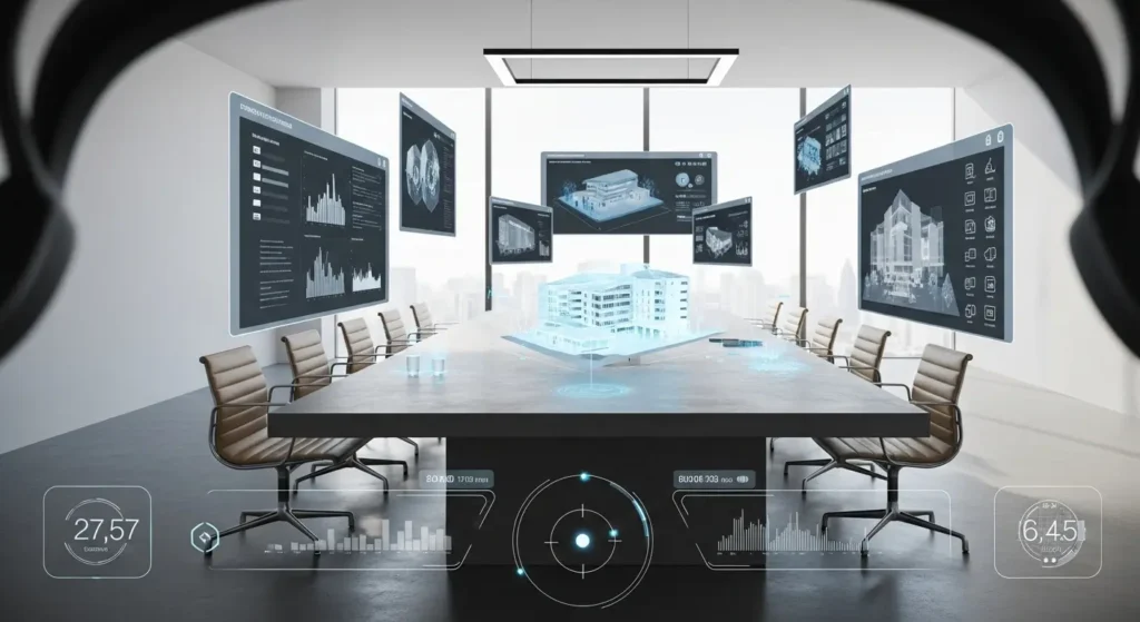 Professional using a VR workspace with AI assistants to manage a premium project vibe.