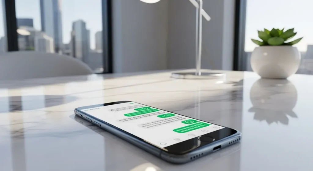 A premium smartphone displaying AI customer support on a modern desk.