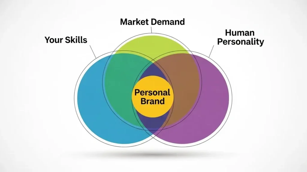 A "Personal Brand" Venn diagram showing the intersection of "Your Skills," "Market Demand," and "Human Personality."