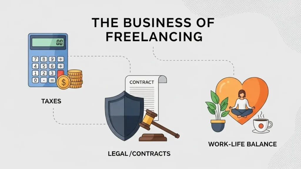 cons representing the essential business management aspects of freelancing in 2026.