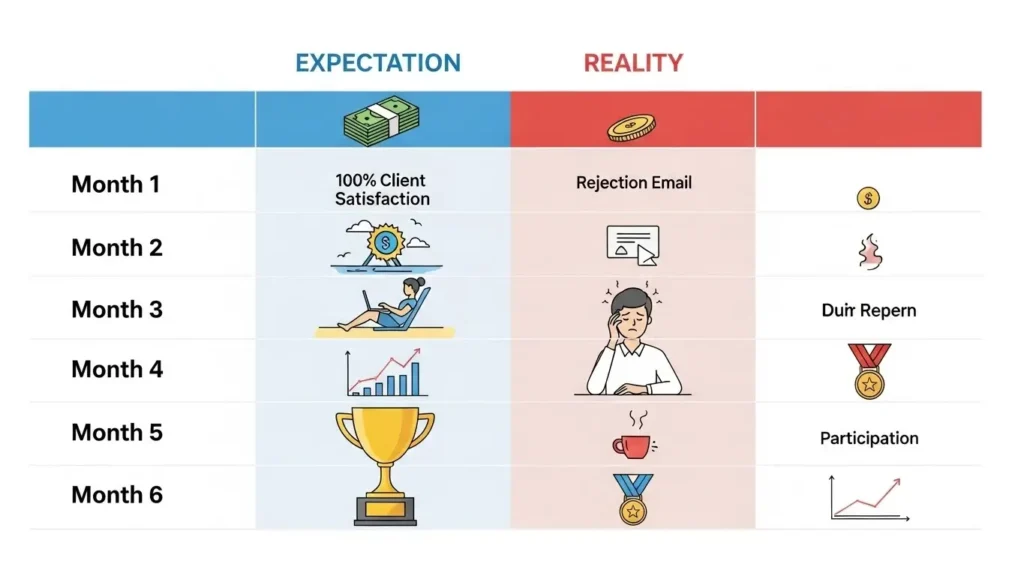 Freelancing career roadmap showing the realistic timeline of growth for beginners.