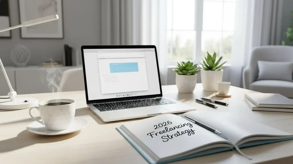 Modern home office setup for a professional freelancer in the US market.