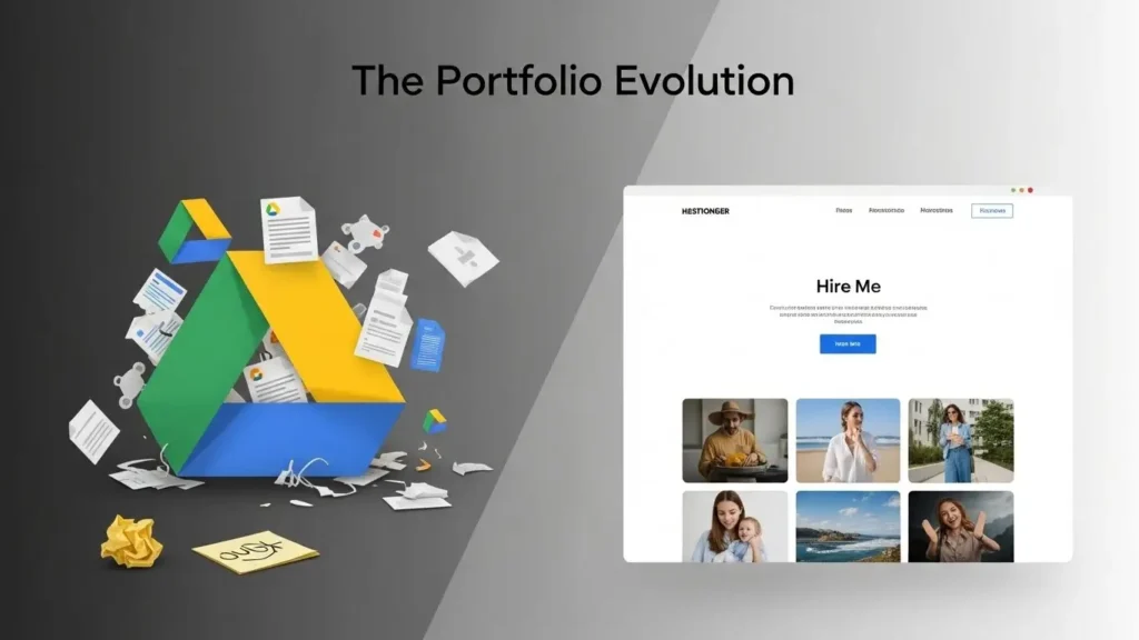 Comparison between an unprofessional file link and a high-converting freelance portfolio website.