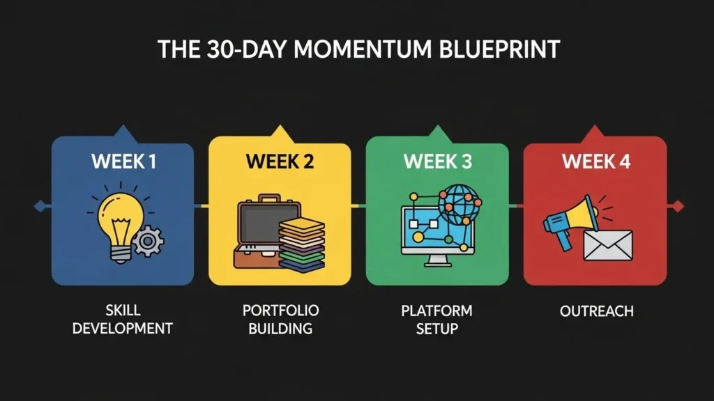 Step-by-step 30-day action plan for starting a freelance career in 2026.