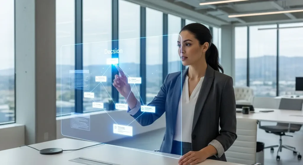 An executive using a decision intelligence framework for transparent business auditing.