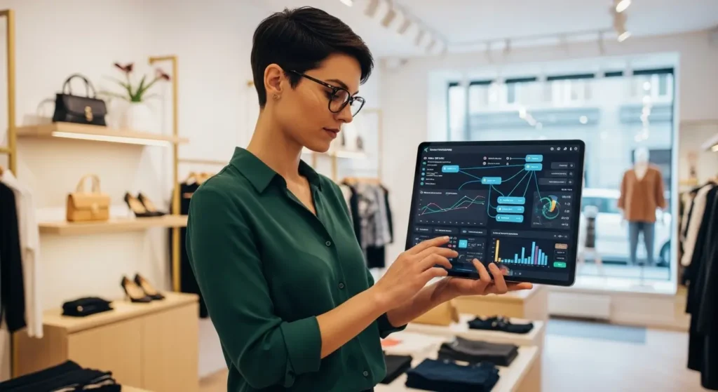 A US small business owner utilizing decision intelligence for competitive growth.