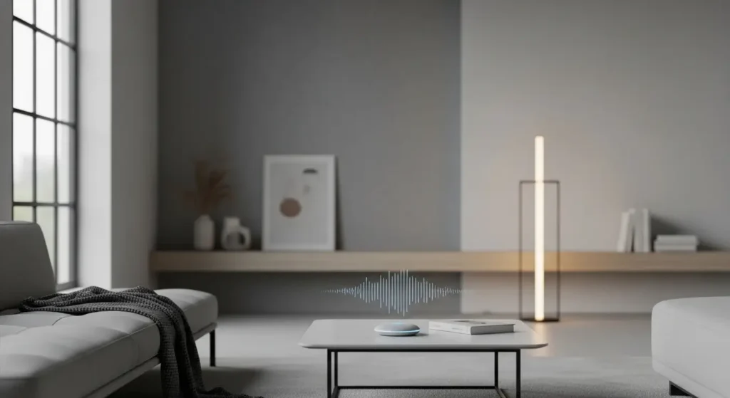 A minimalist living room showing the ambient presence of Google Personal Intelligence.