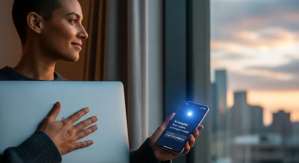 A professional ending their day with help from Google Personal Intelligence.