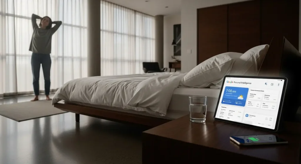 A morning briefing on a tablet generated proactively by Google Personal Intelligence.