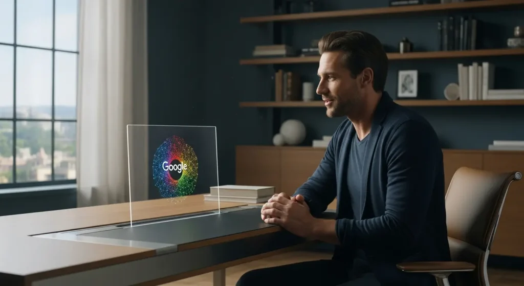 A professional interacting with a smart display via Google Personal Intelligence.