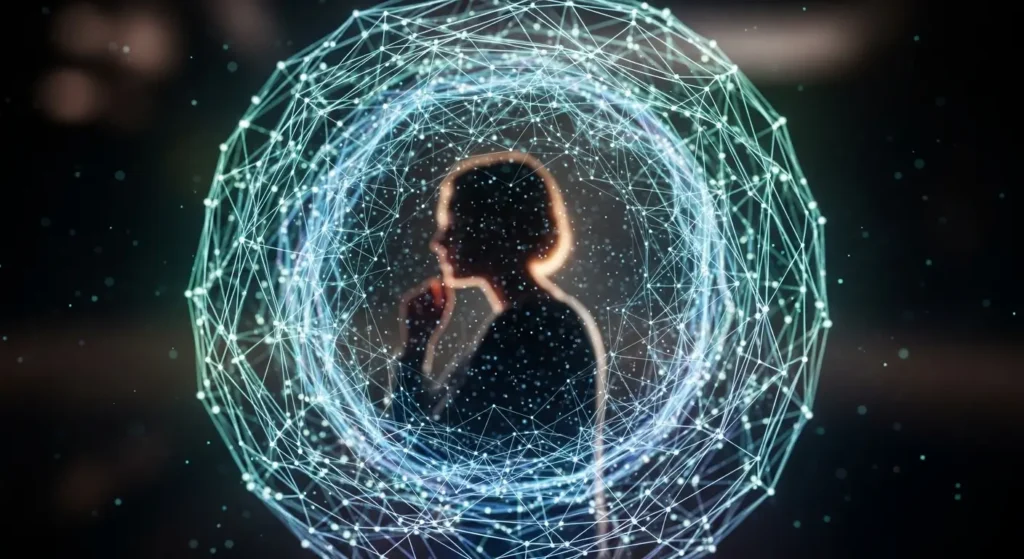 A person inside a digital sphere representing the personalization of Google Personal Intelligence.