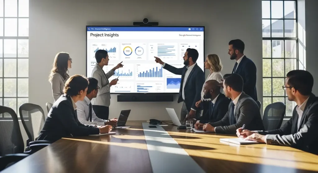 A business team using Google Personal Intelligence insights in a boardroom.