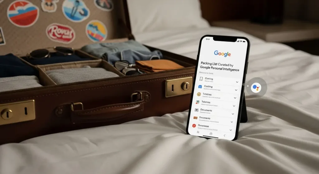 A smartphone displaying a packing list curated by Google Personal Intelligence.