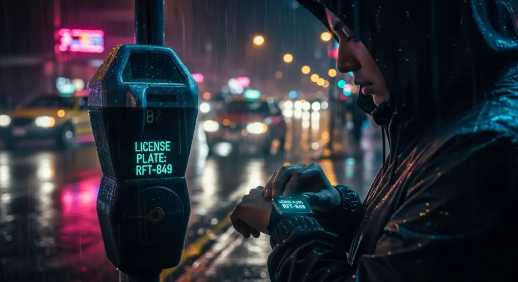 A smartwatch displaying a license plate number retrieved by Google Personal Intelligence.