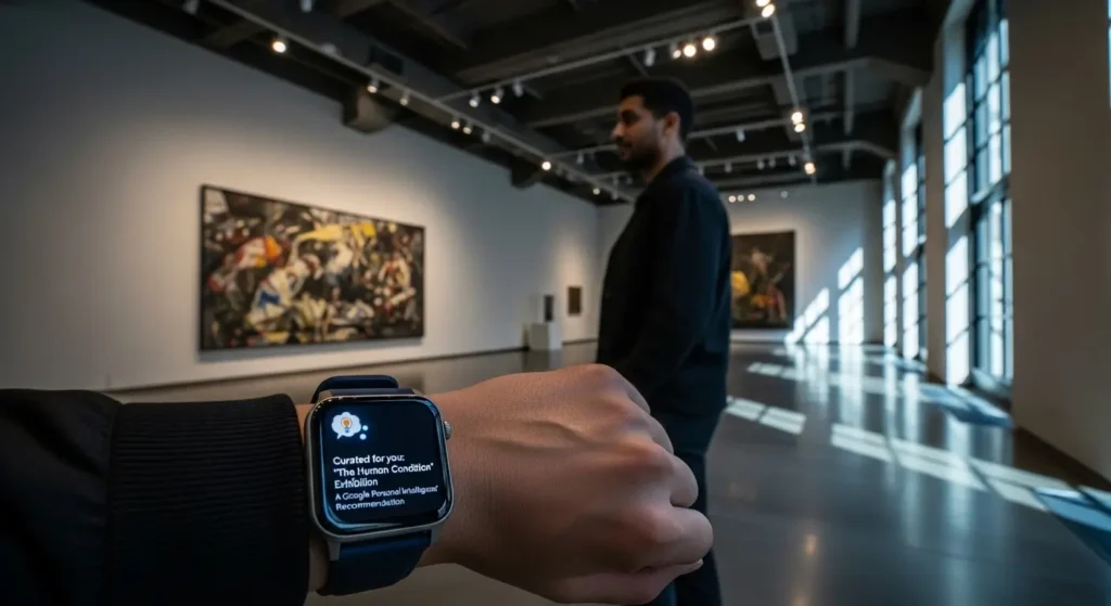 A smartwatch showing a personalized art notification from Google Personal Intelligence.