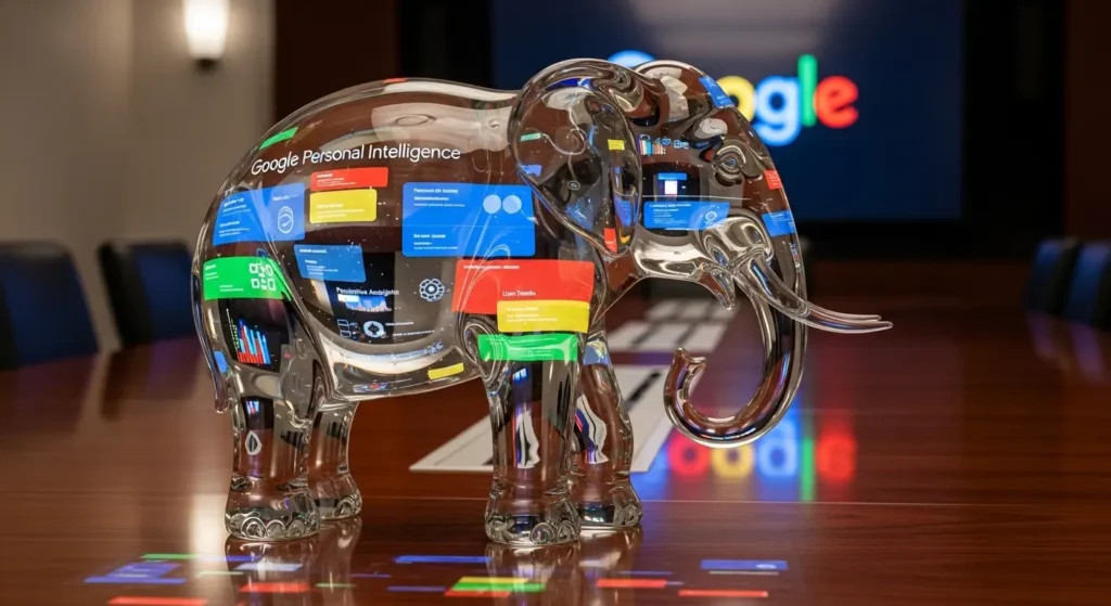 A glass elephant sculpture symbolizing the privacy aspects of Google Personal Intelligence.