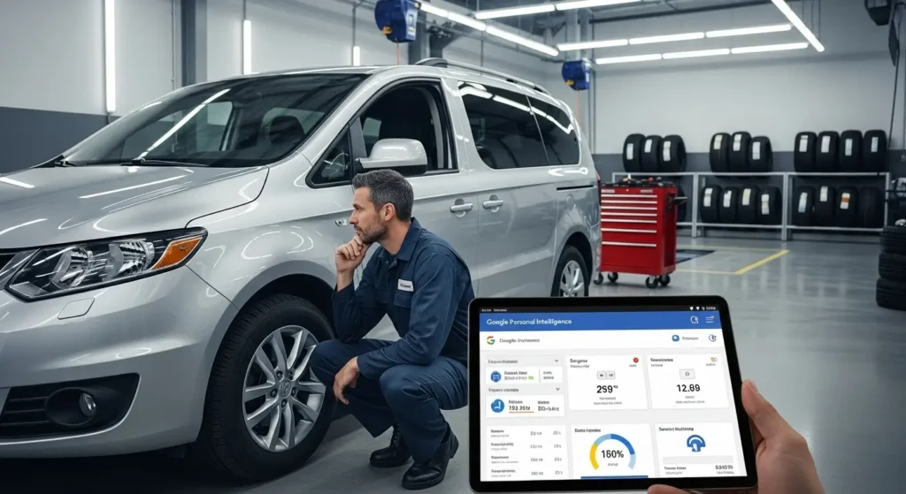 A family van in a tire shop being serviced using Google Personal Intelligence data.