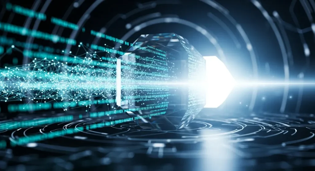 Digital code passing through a prism to represent Google Personal Intelligence safeguards.