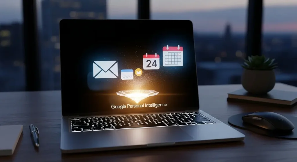Conceptual visualization showing how Google Personal Intelligence retrieves data from apps.